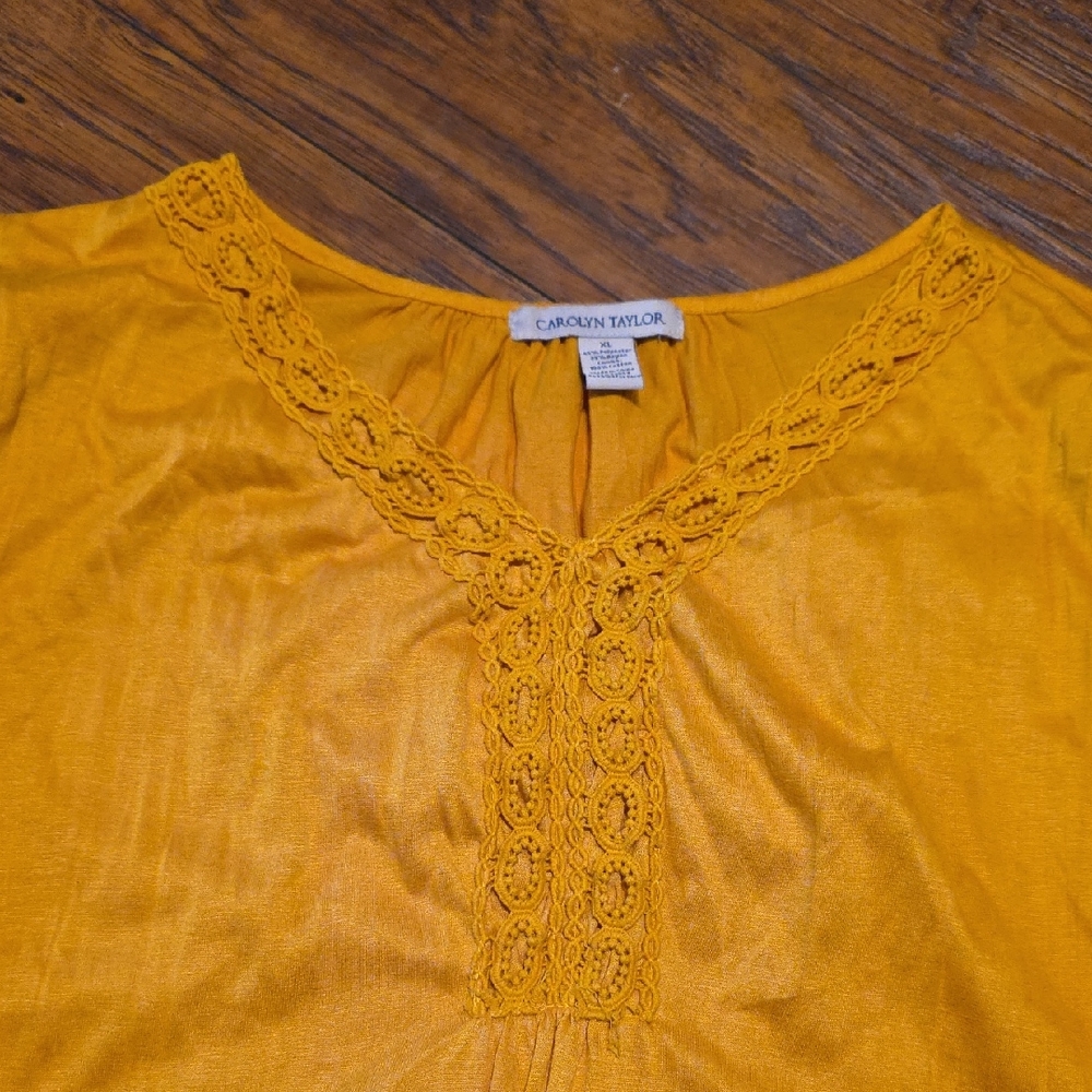 Carolyn Taylor Mustard Yellow Blouse with Lace Trim